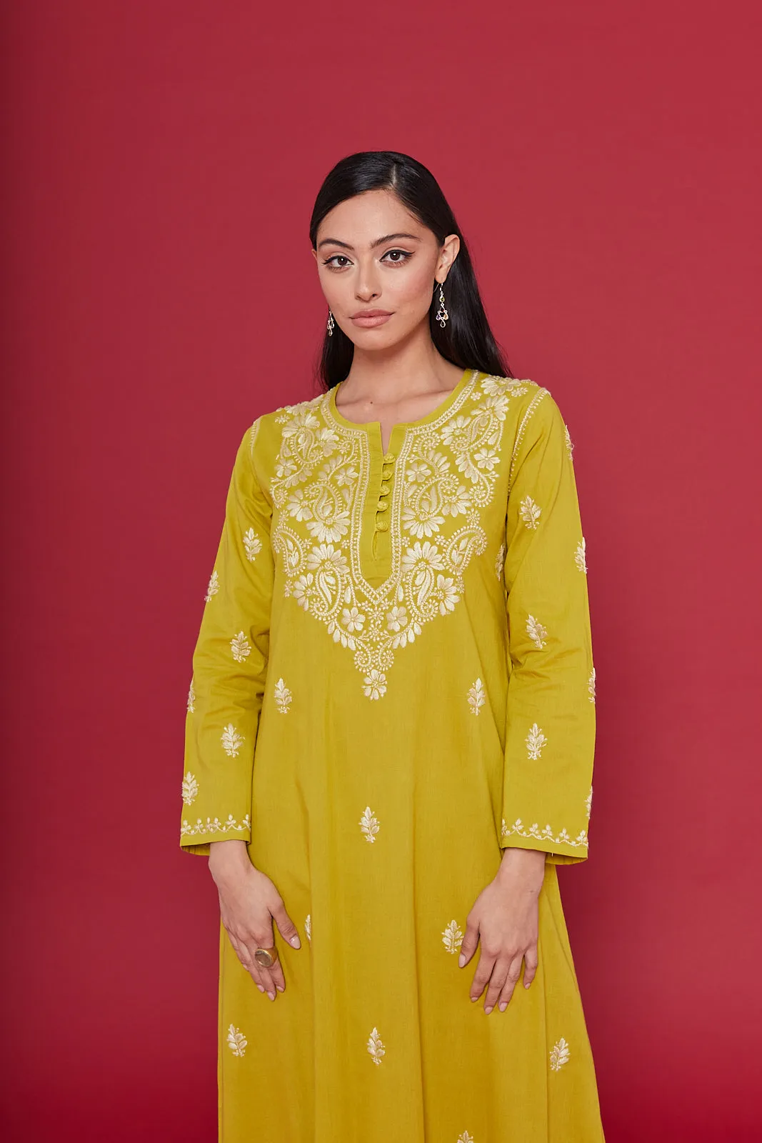 Embroidered Chikankari Kaftan in Celery Yellow