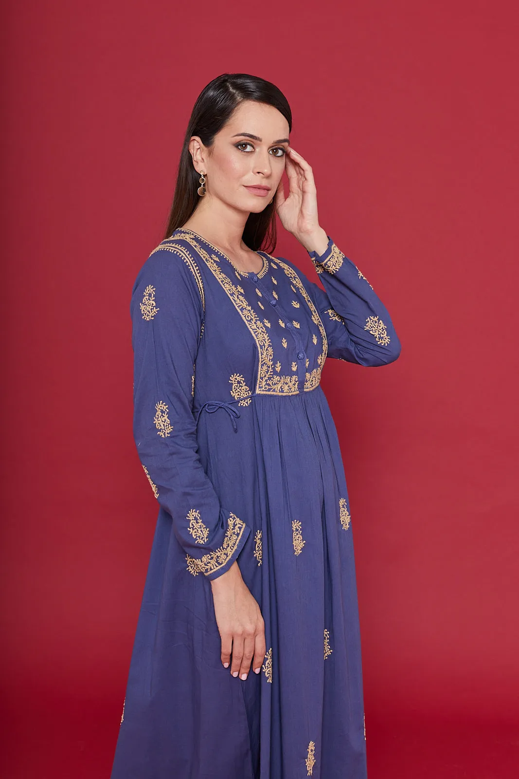 Embroidered Chikankari Kaftan in Twilight Blue