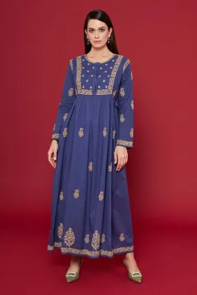 Embroidered Chikankari Kaftan in Twilight Blue