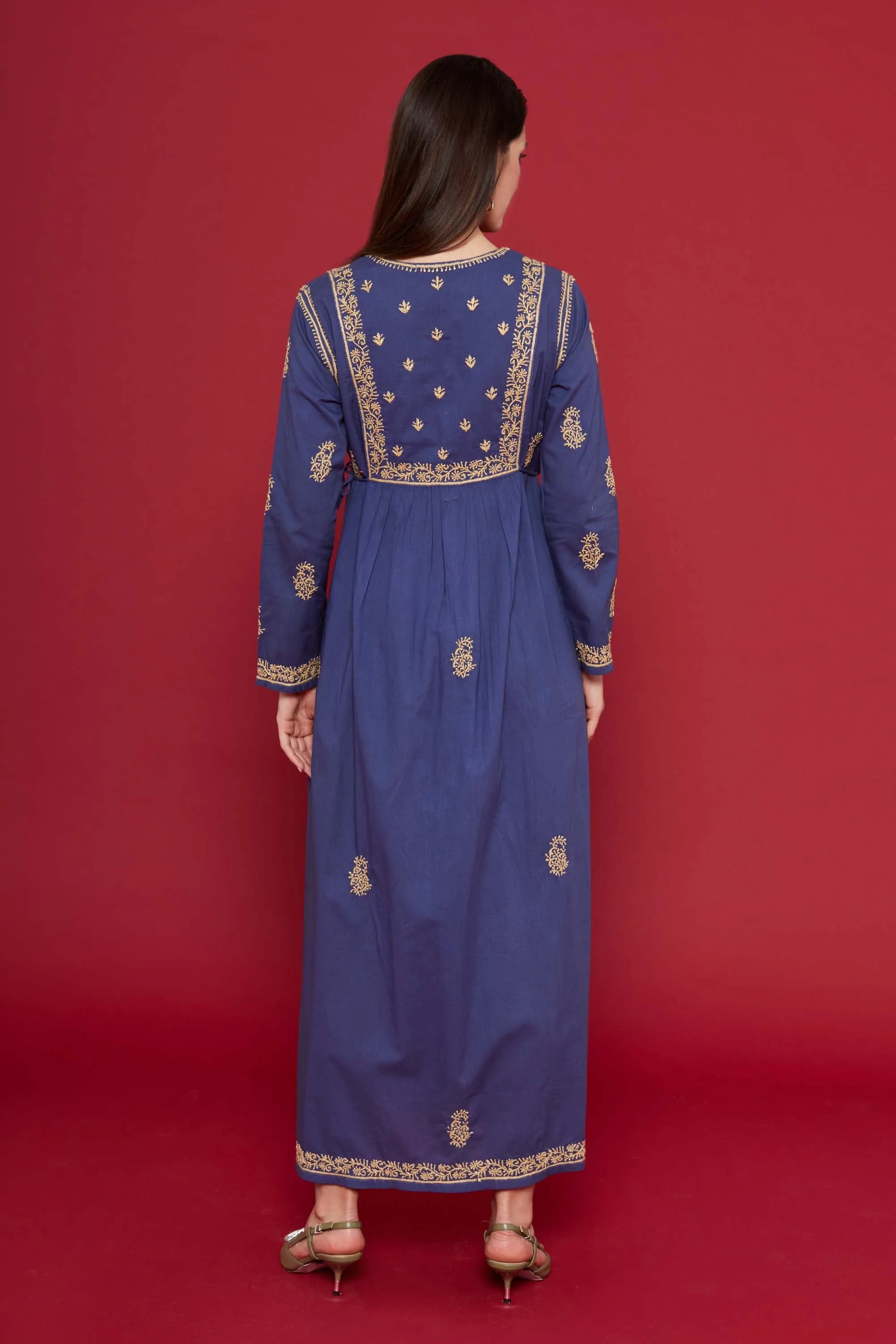 Embroidered Chikankari Kaftan in Twilight Blue