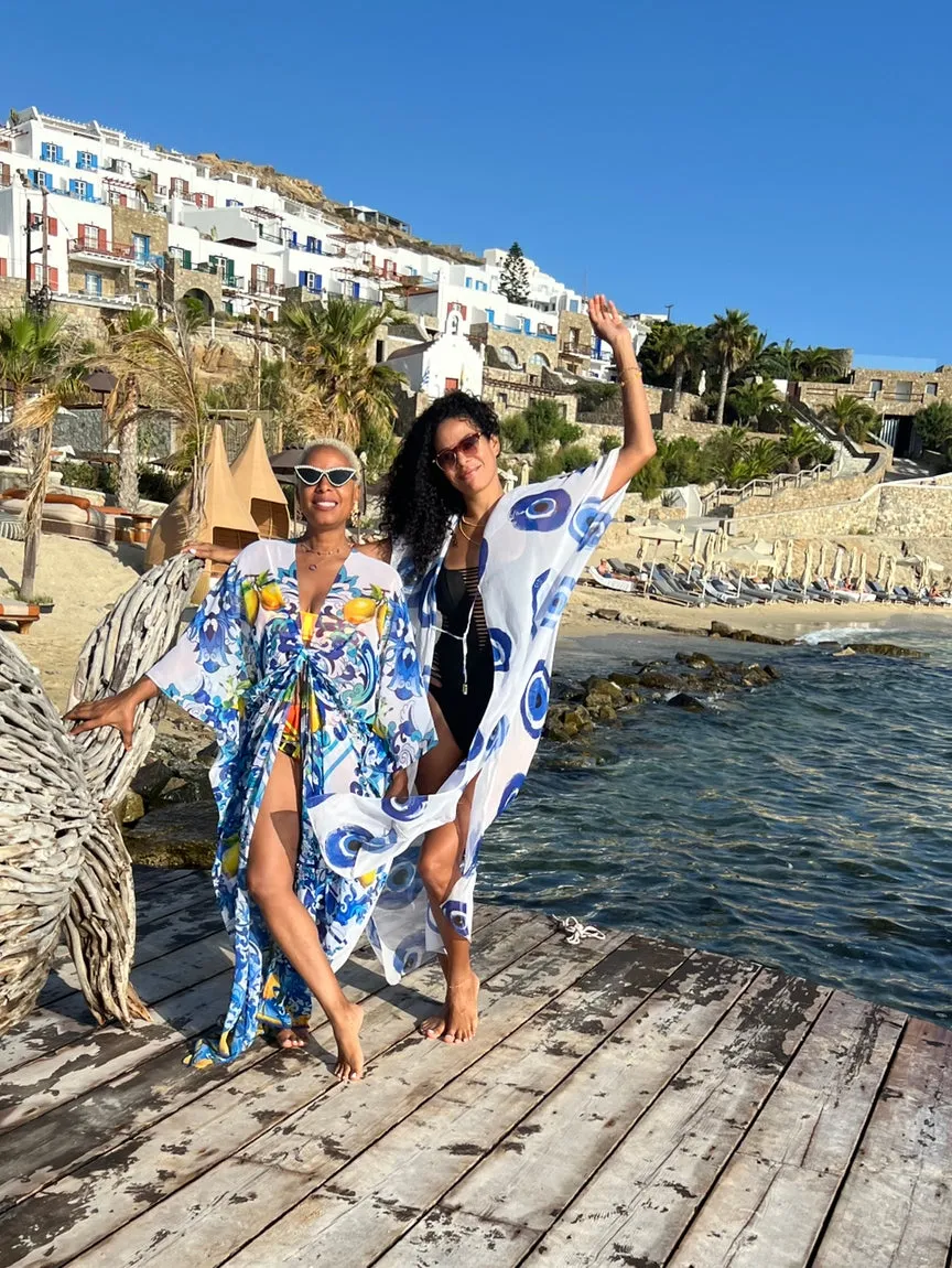 Evil Eye / White  - Side Drape Kaftan