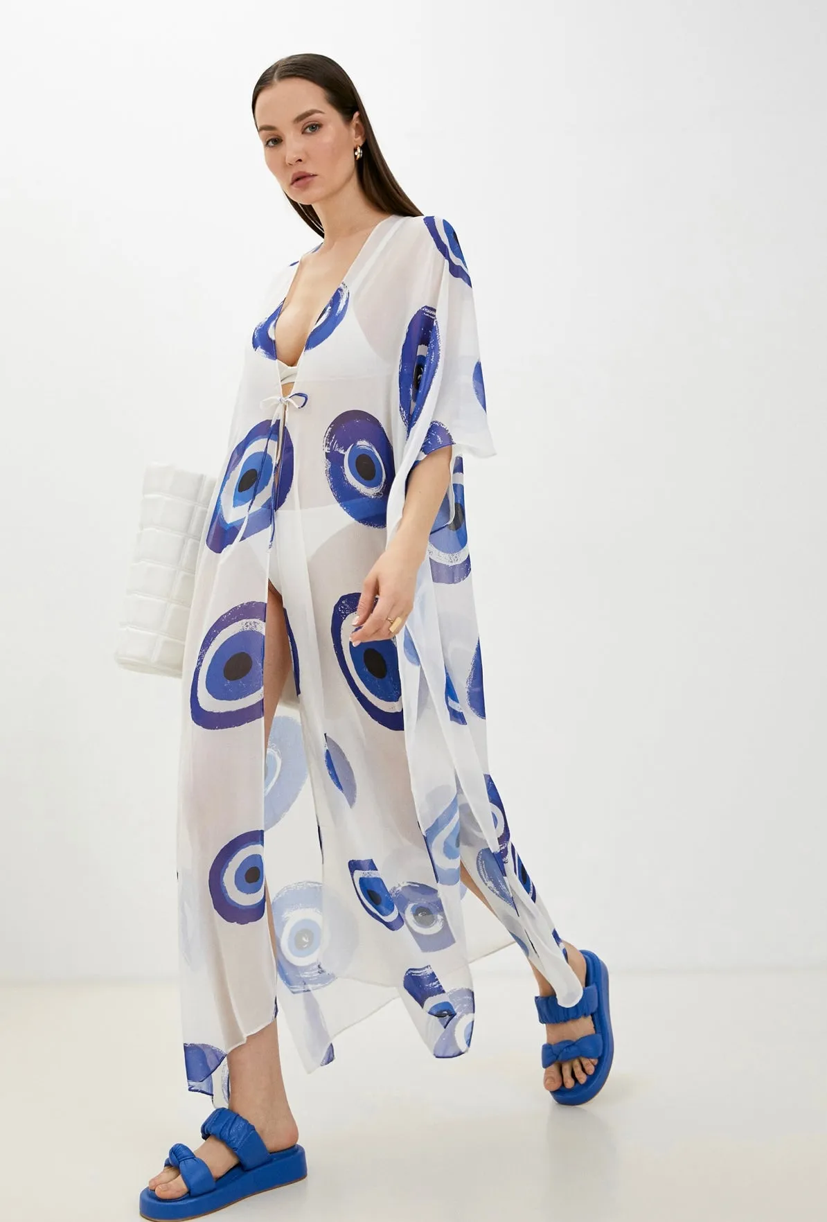 Evil Eye / White  - Side Drape Kaftan