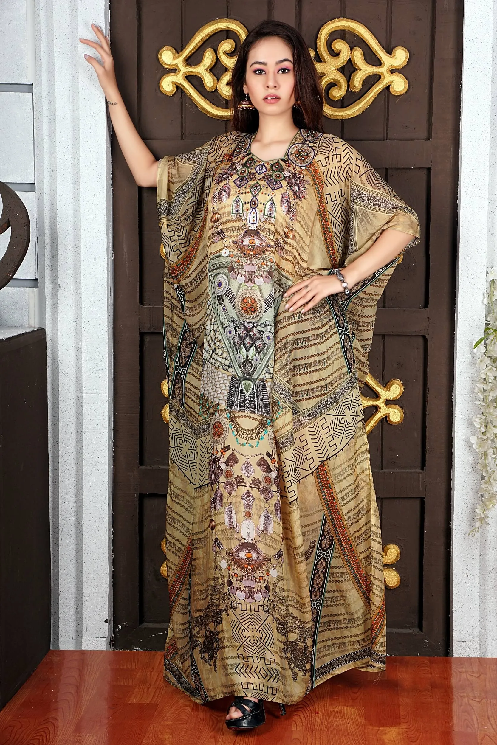 Exotic Designer Bohemian Print Kaftans Maxi Dress Cruise wear kaftans