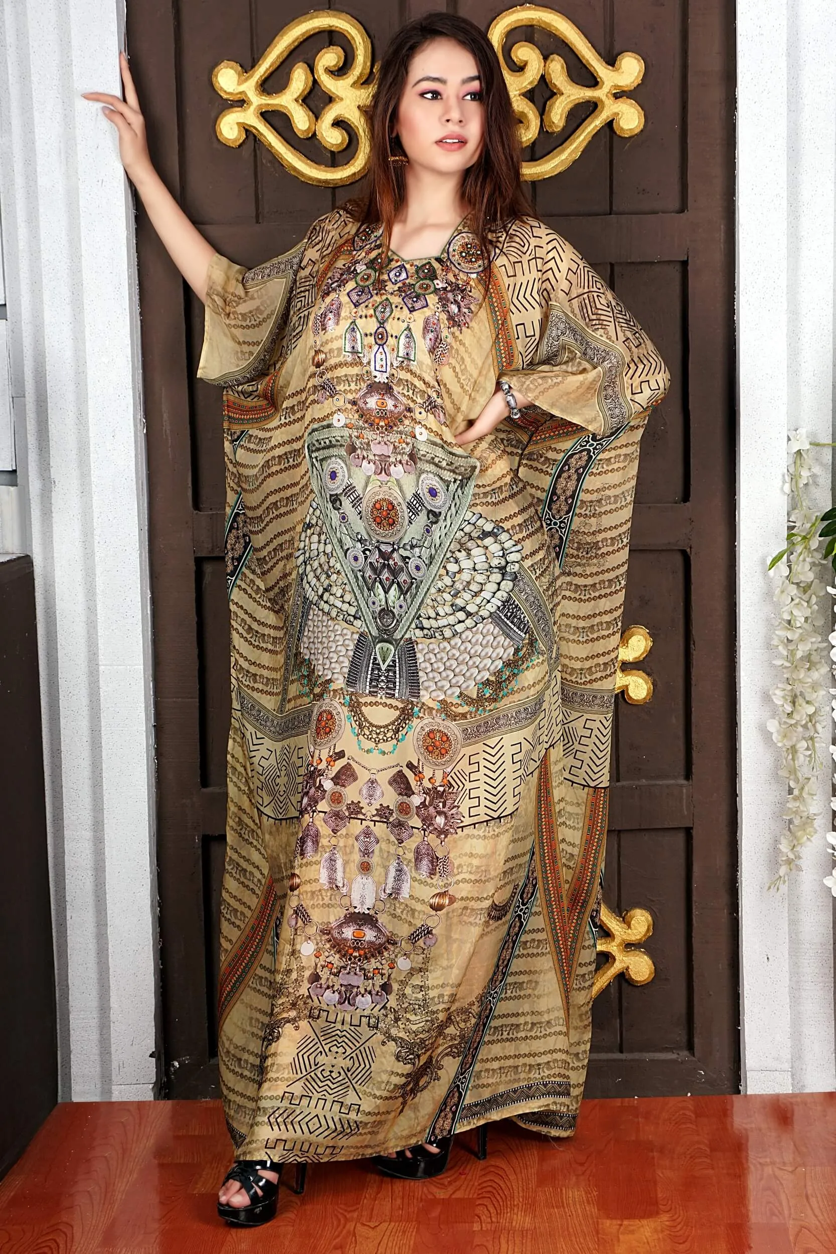 Exotic Designer Bohemian Print Kaftans Maxi Dress Cruise wear kaftans