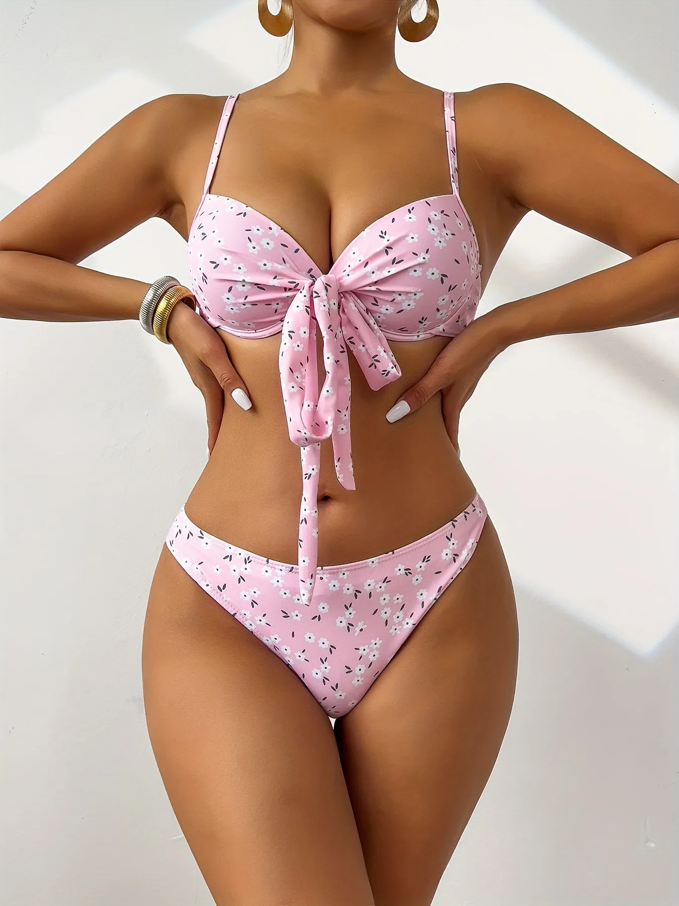 Floral Flirty Bikini Set - 3-Piece Tie Front Top with Ruffle Skirt