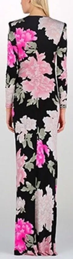Floral Print Long Sleeve V-Neck Gown in Black