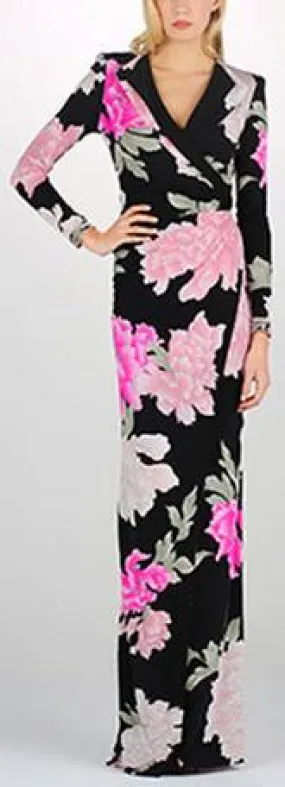 Floral Print Long Sleeve V-Neck Gown in Black