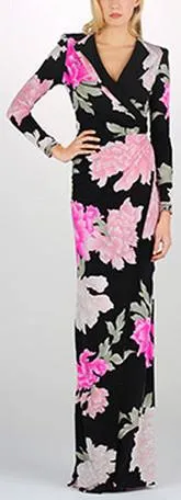 Floral Print Long Sleeve V-Neck Gown in Black