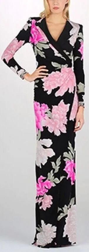 Floral Print Long Sleeve V-Neck Gown in Black