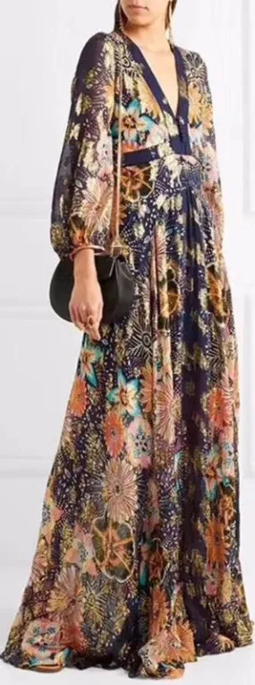 Floral-Print Metallic Fil Coup̩ Silk-Gauze Maxi Dress