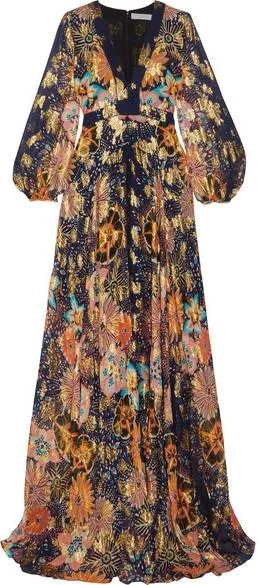 Floral-Print Metallic Fil Coup̩ Silk-Gauze Maxi Dress