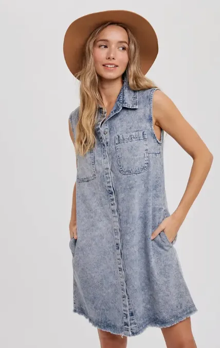 Frayed Hem Sleeveless Denim Dress