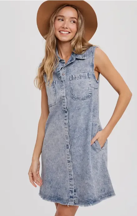 Frayed Hem Sleeveless Denim Dress