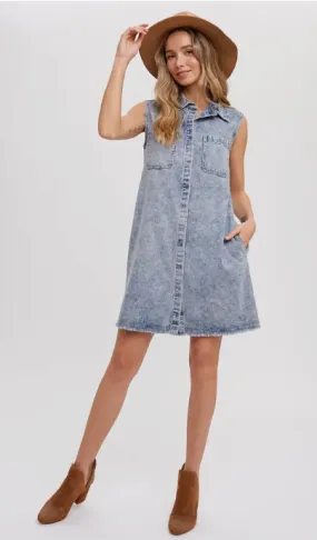 Frayed Hem Sleeveless Denim Dress