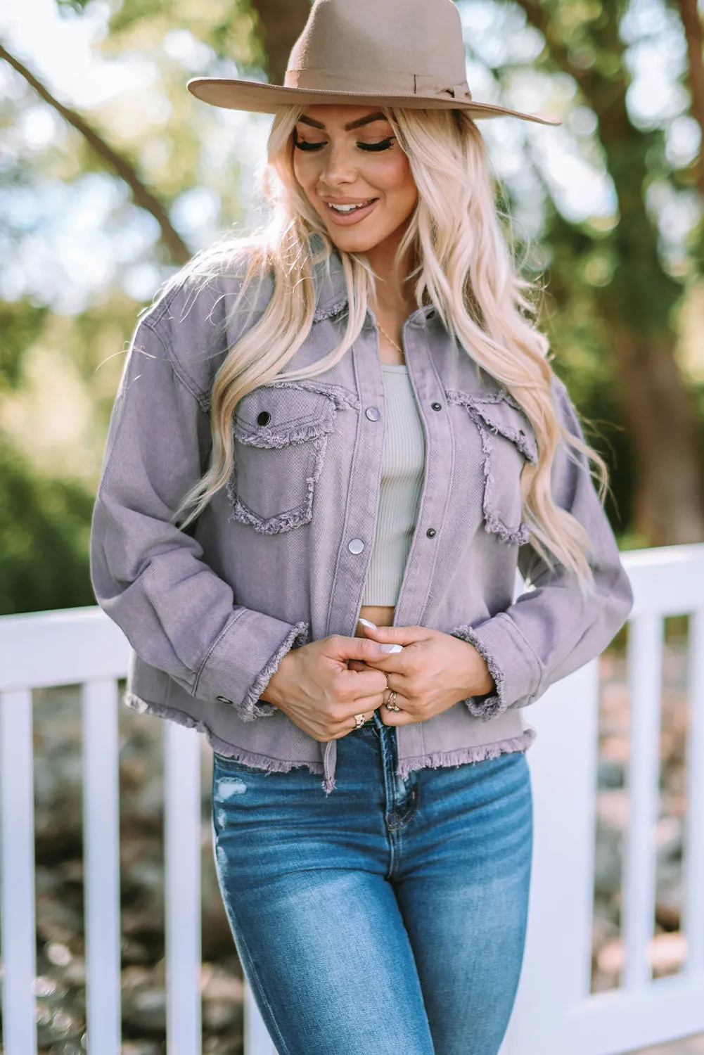Frayed Trim Snap Denim Jacket