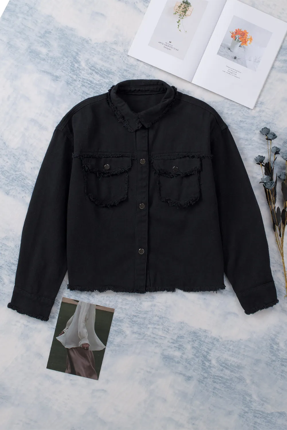 Frayed Trim Snap Denim Jacket
