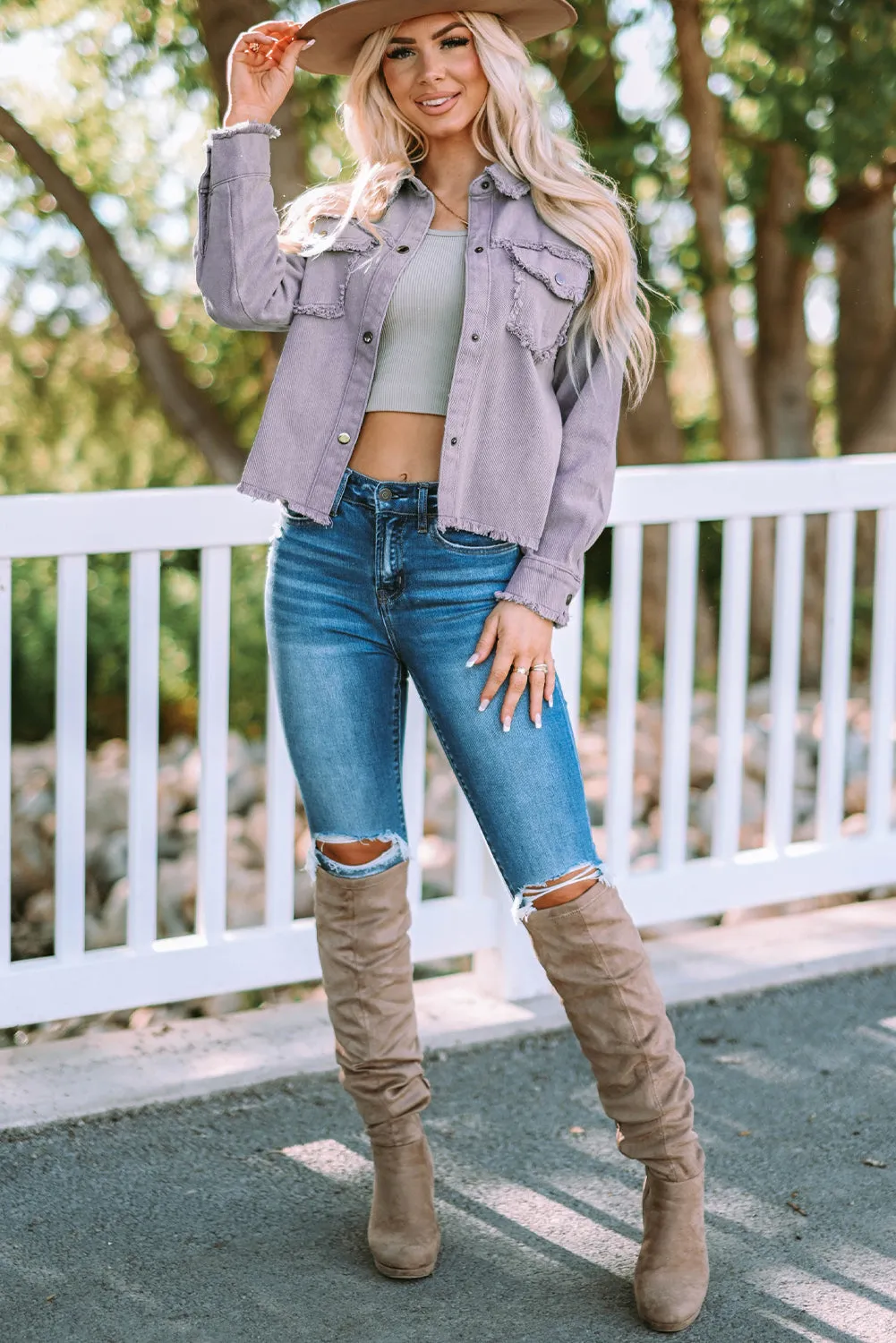 Frayed Trim Snap Denim Jacket