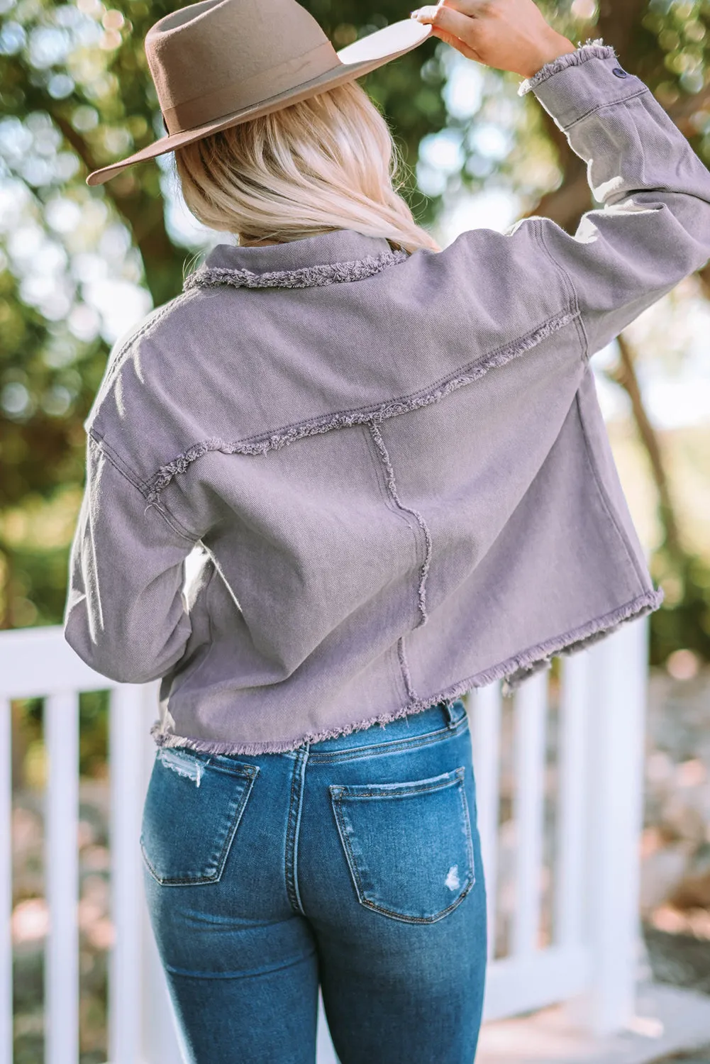 Frayed Trim Snap Denim Jacket