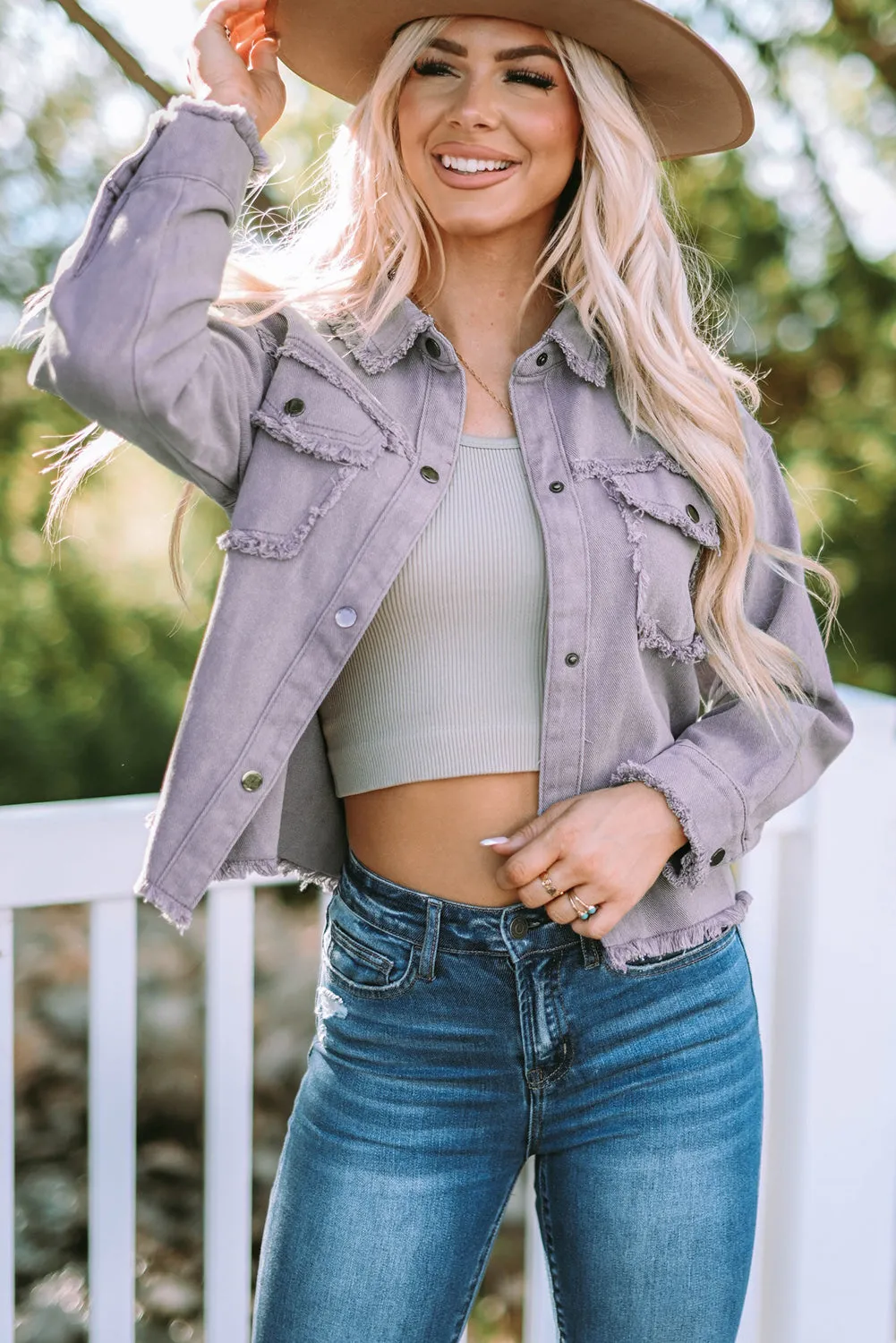Frayed Trim Snap Denim Jacket