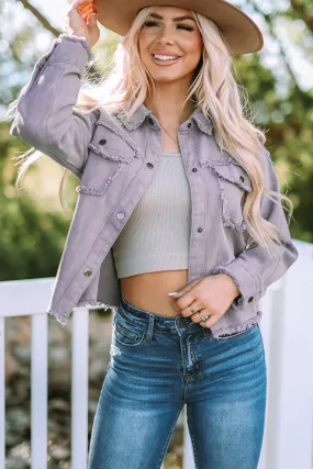 Frayed Trim Snap Denim Jacket