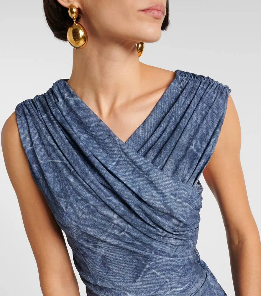 Ganni Printed ruched mesh maxi dress
