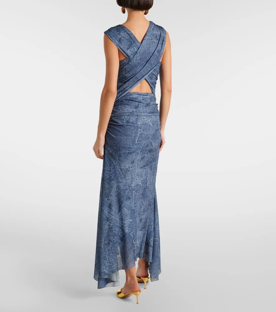 Ganni Printed ruched mesh maxi dress