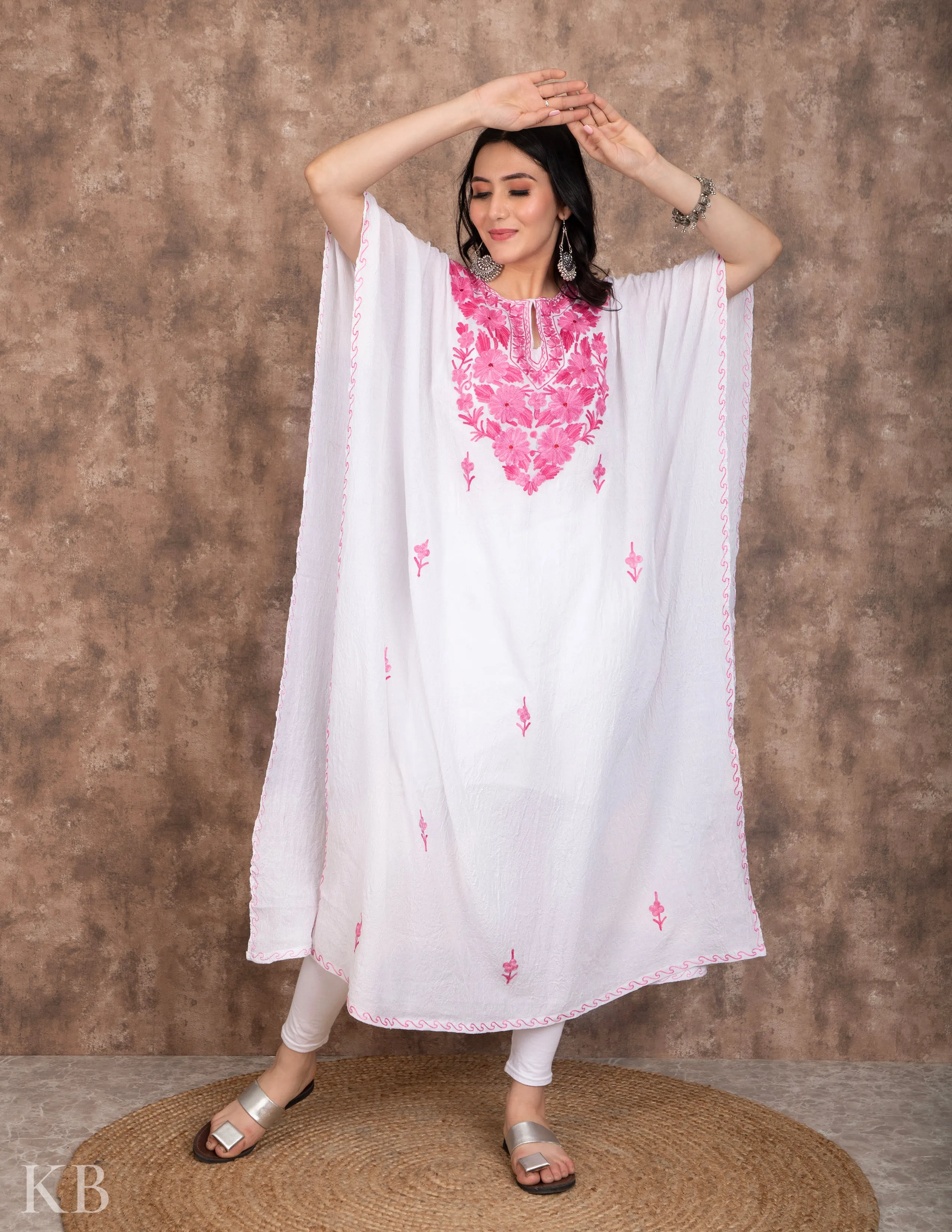 Gulaab Naal White Embroidered Summer Cotton Kaftan
