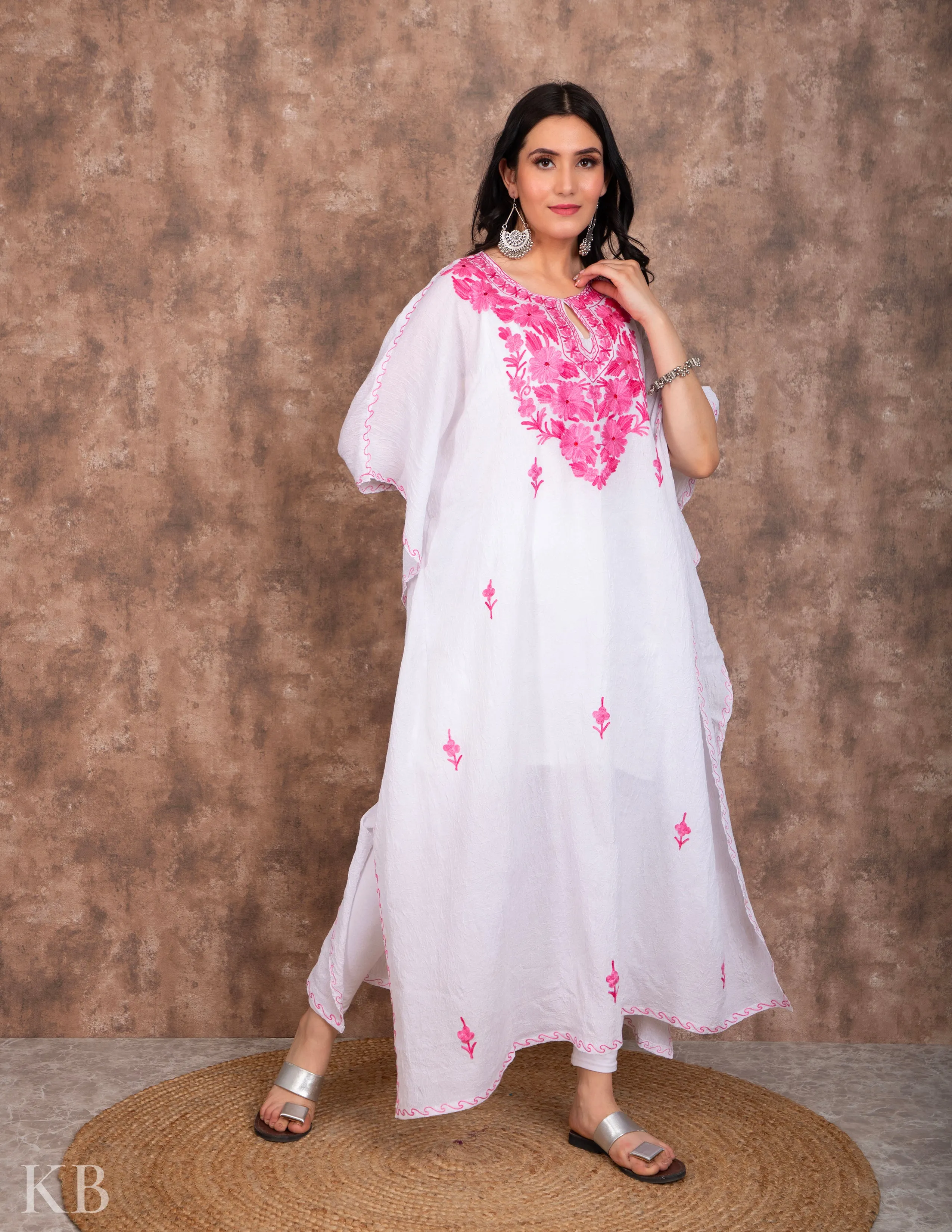 Gulaab Naal White Embroidered Summer Cotton Kaftan