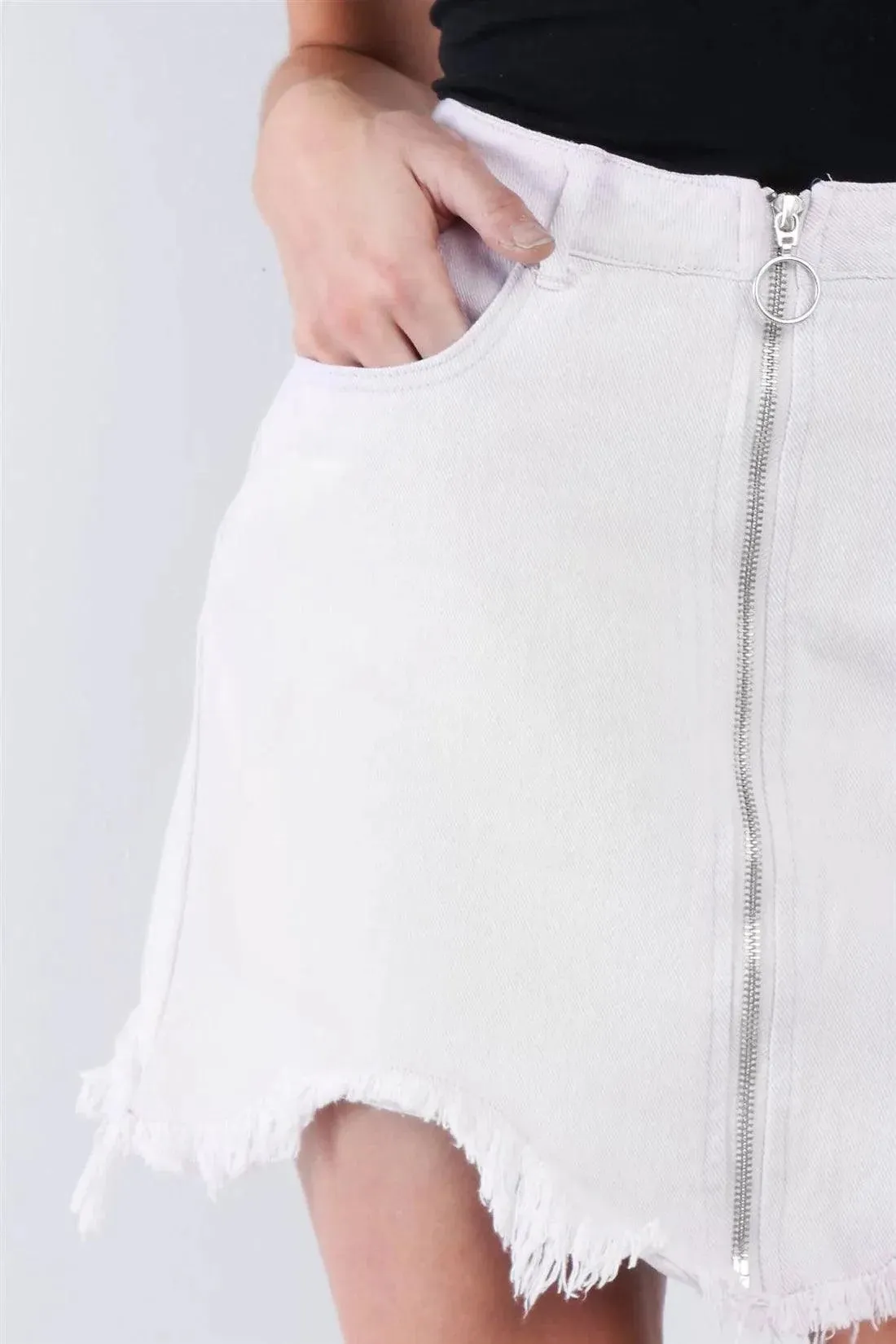 High Waist Shark Bite Hem Front Zip Mini Denim Skirt