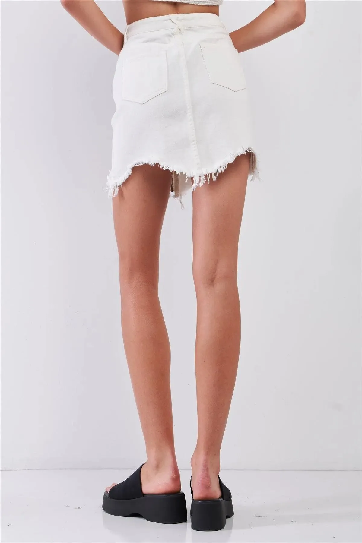High Waist Shark Bite Hem Front Zip Mini Denim Skirt
