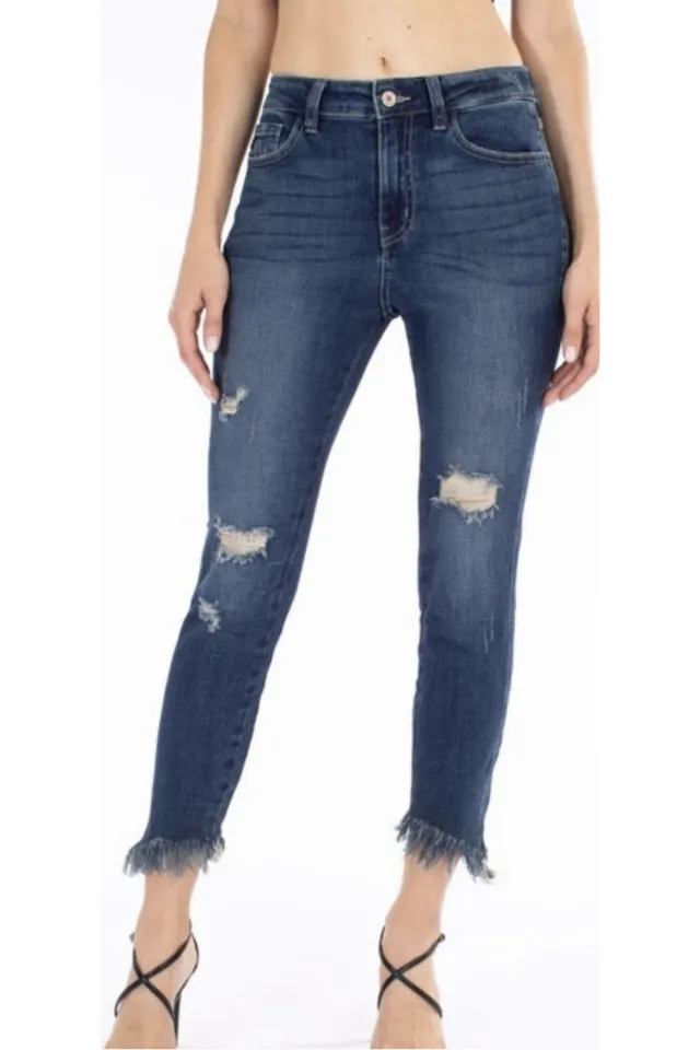 KanCan High Rise Frayed Ankle Skinny Jeans (Dark)