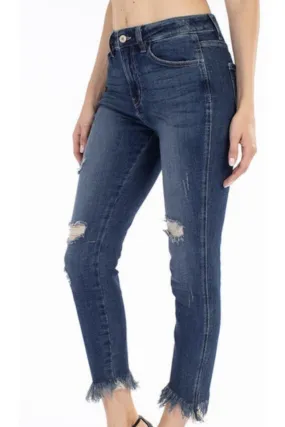 KanCan High Rise Frayed Ankle Skinny Jeans (Dark)