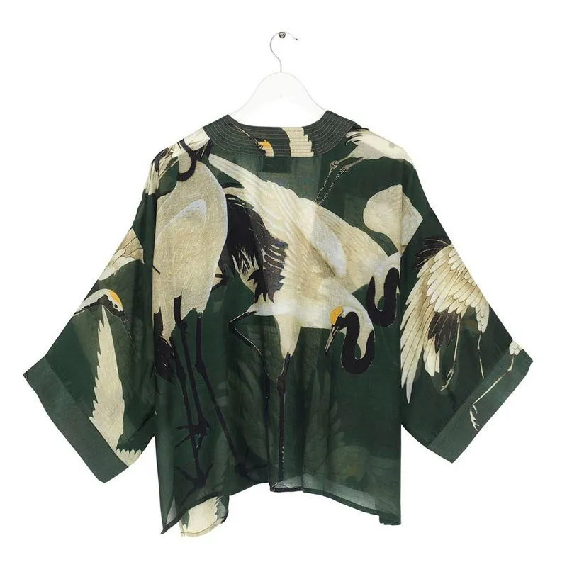 Kimono in Forest Green with Stork Print