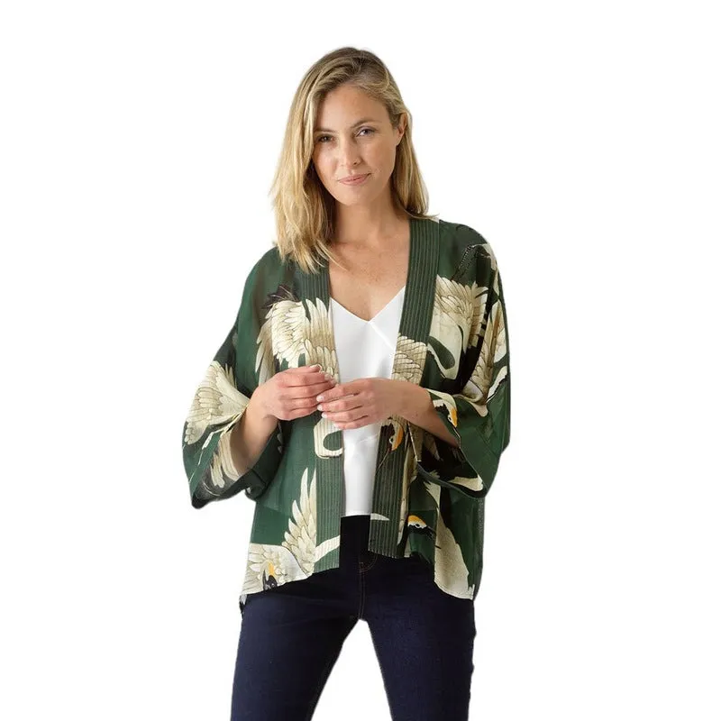 Kimono in Forest Green with Stork Print