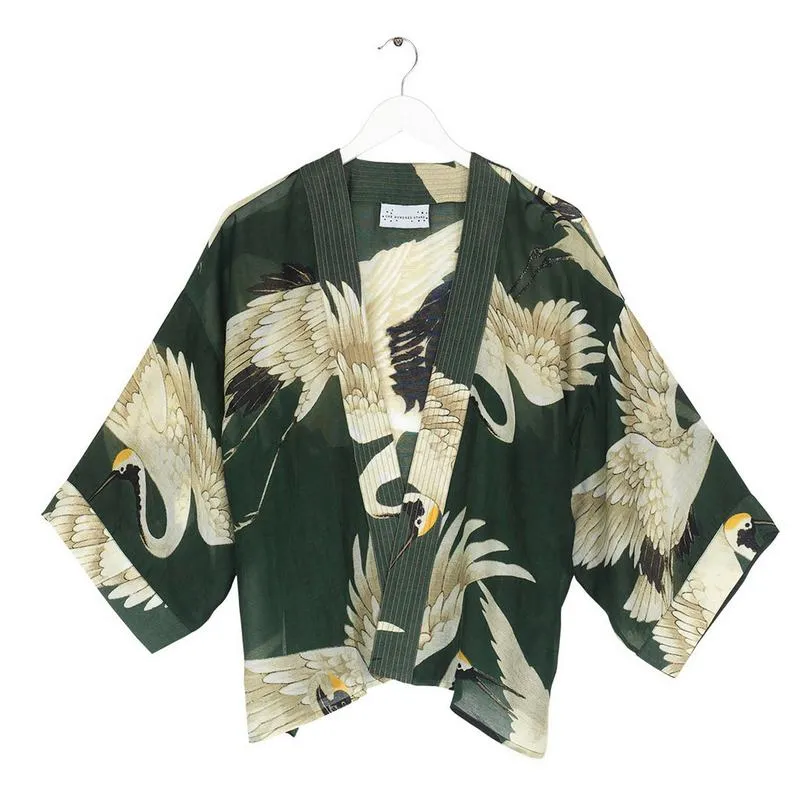 Kimono in Forest Green with Stork Print
