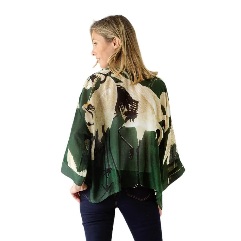 Kimono in Forest Green with Stork Print
