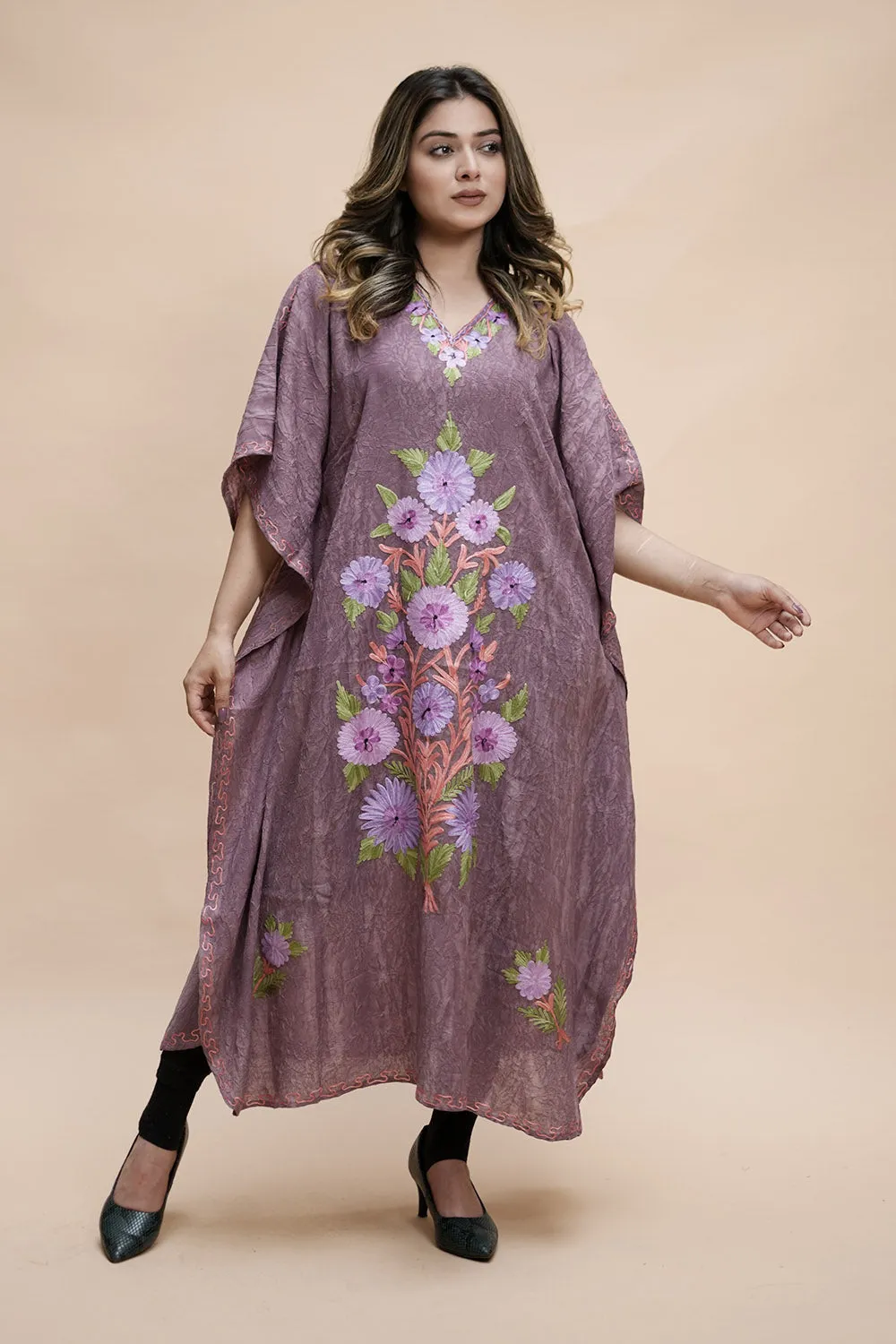 Lavender  Colour Crush Cotton Kashmiri Aari Work Designer Kaftan