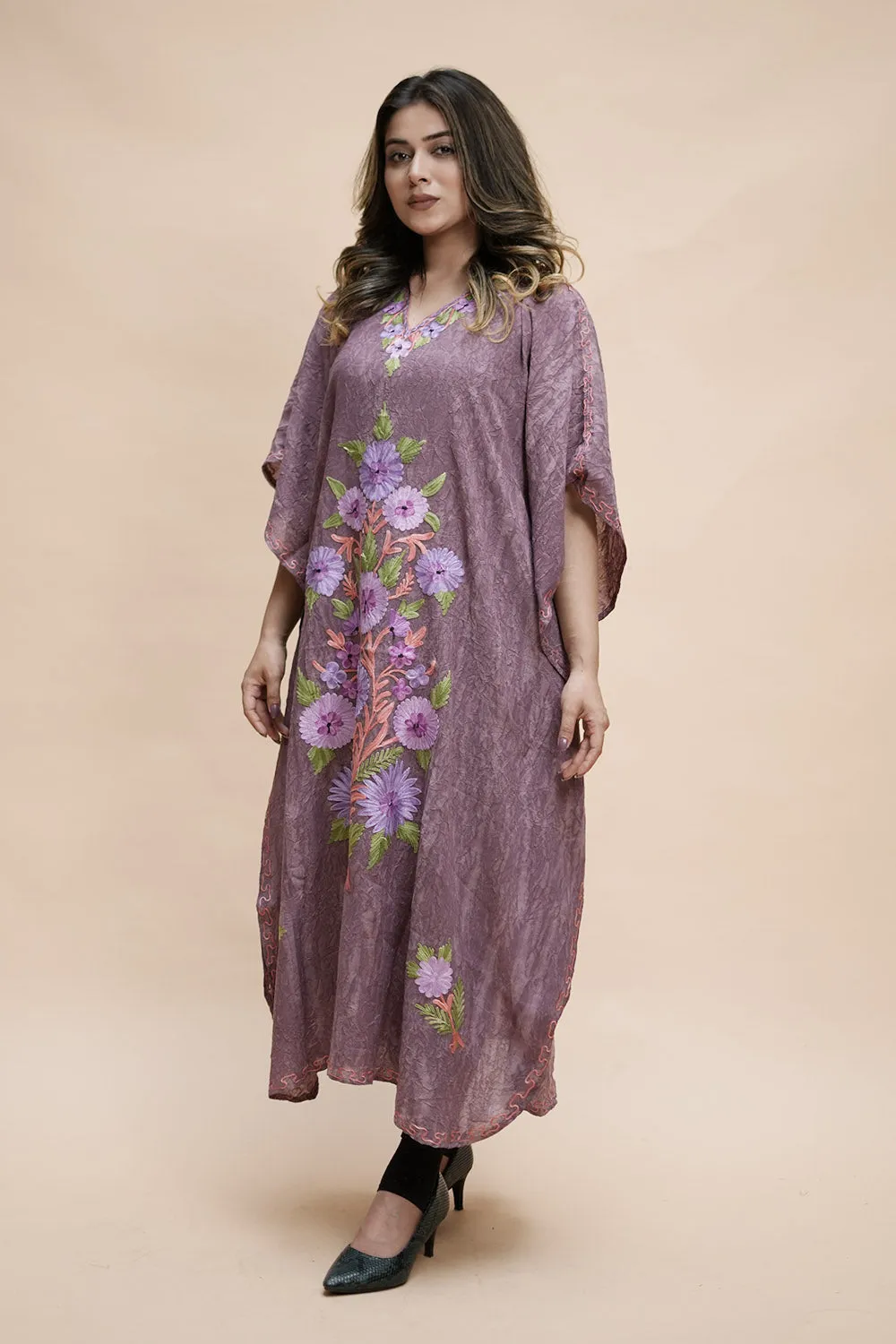 Lavender  Colour Crush Cotton Kashmiri Aari Work Designer Kaftan