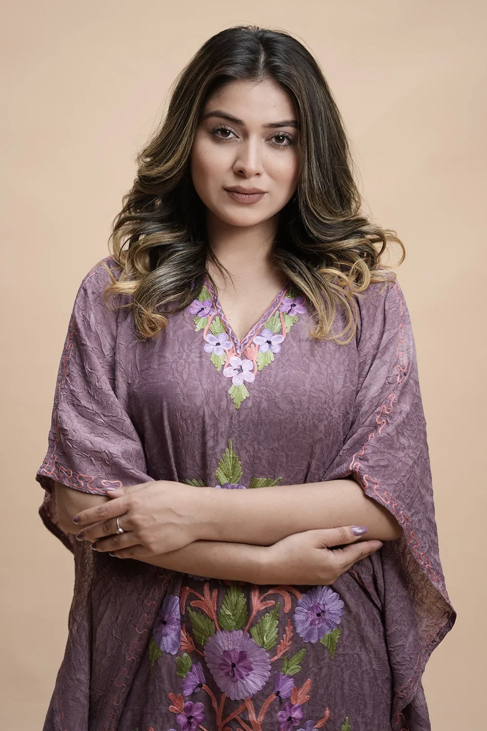Lavender  Colour Crush Cotton Kashmiri Aari Work Designer Kaftan