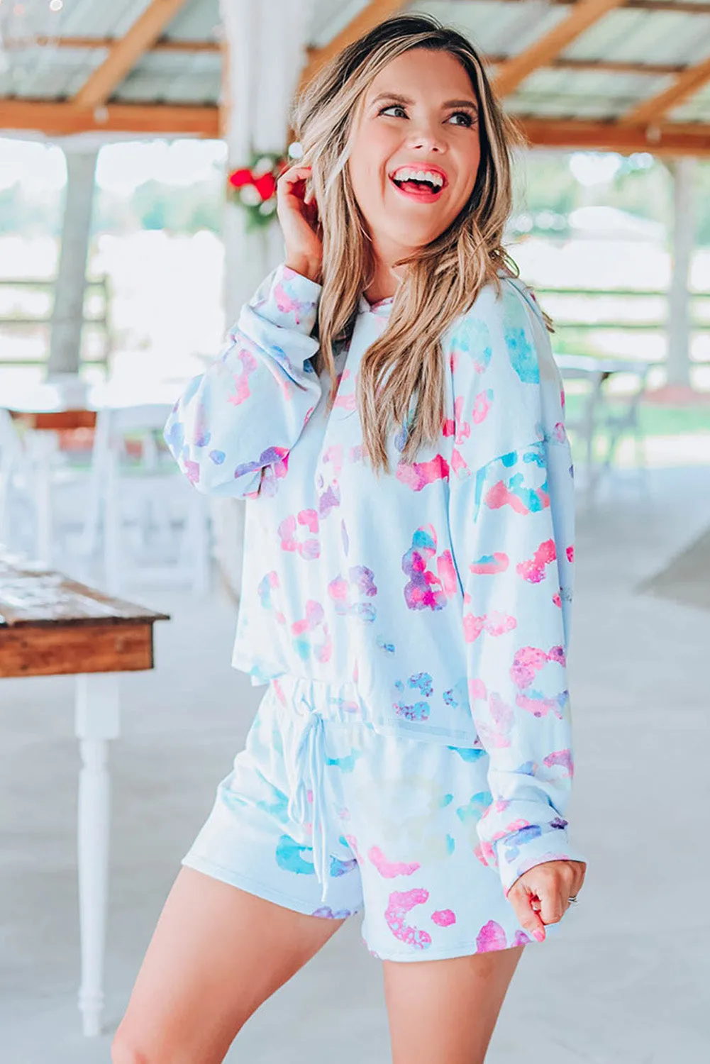 Leopard Print Hoodie and Shorts Set