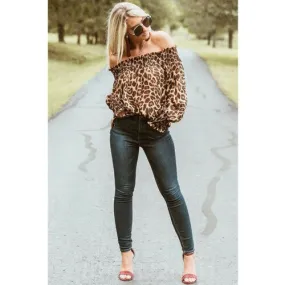 Leopard Print Long Sleeve Off Shoulder Blouses