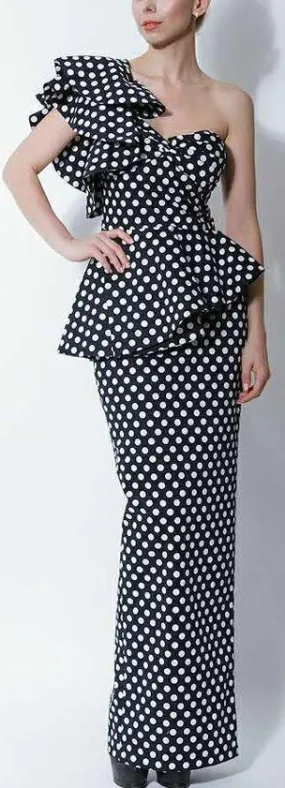 Long Polka Dot Print Dress-Black & White
