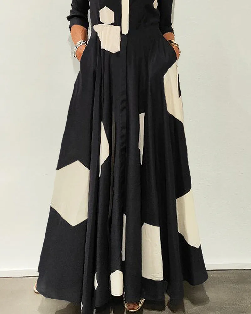 Long Sleeve Lapel Geometric Print Dress