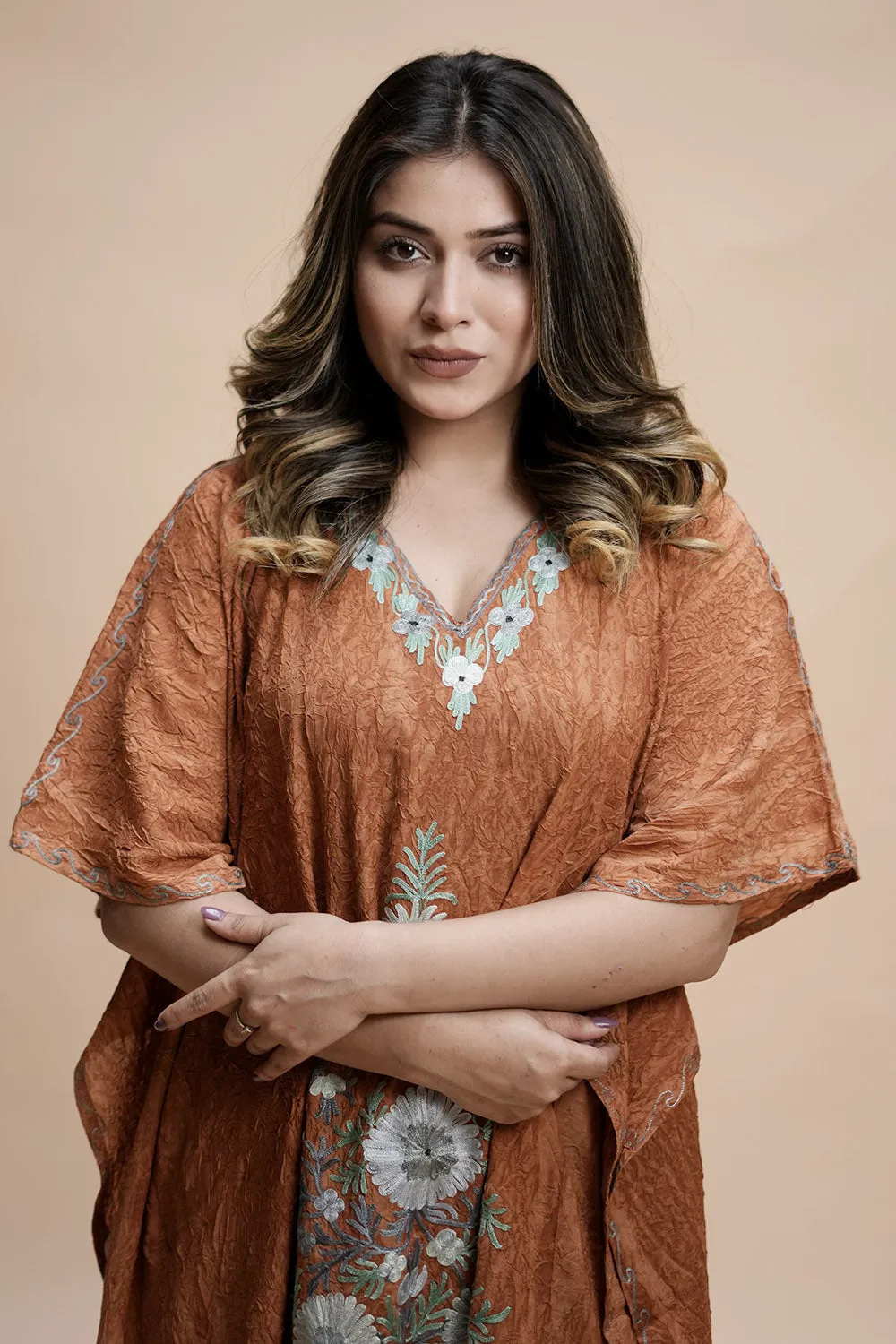 Mustard Colour Crush Cotton Kashmiri Aari Work Designer Kaftan