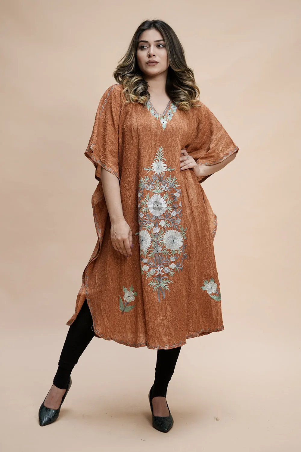 Mustard Colour Crush Cotton Kashmiri Aari Work Designer Kaftan