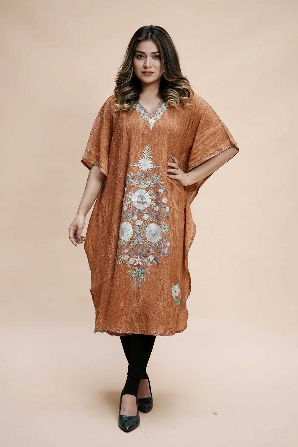 Mustard Colour Crush Cotton Kashmiri Aari Work Designer Kaftan