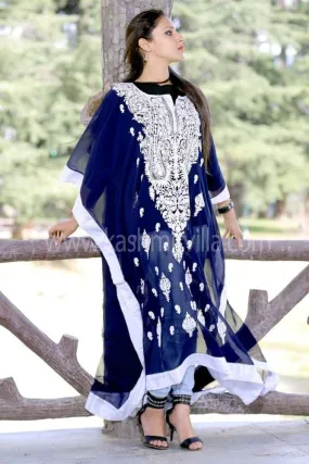 Navy Blue Colour Georgette Kashmiri Aari Work Designer Kaftan