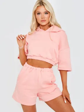 Nawel Cropped Hoodie & Shorts Fleece Co-ord In Coral