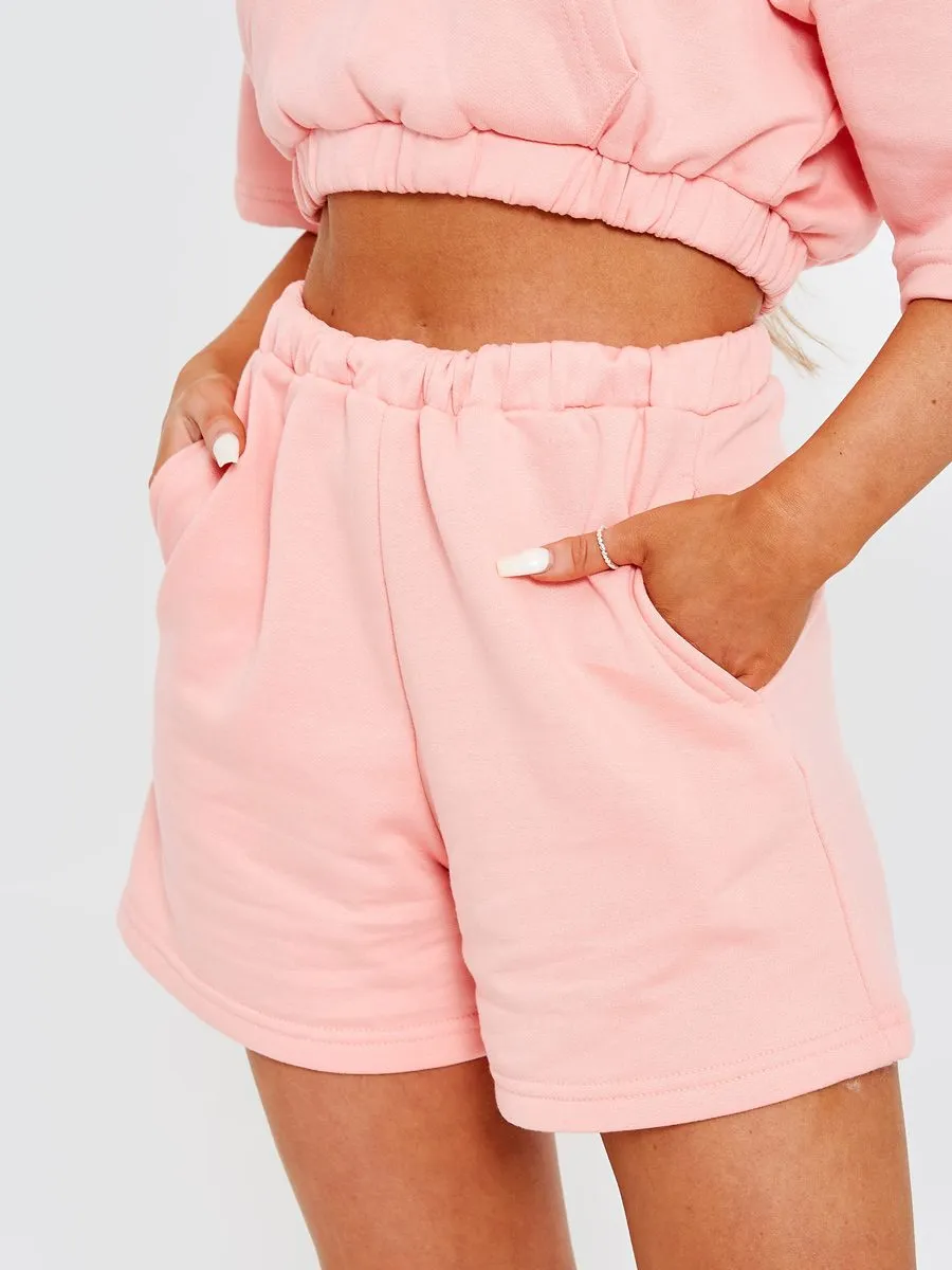 Nawel Cropped Hoodie & Shorts Fleece Co-ord In Coral