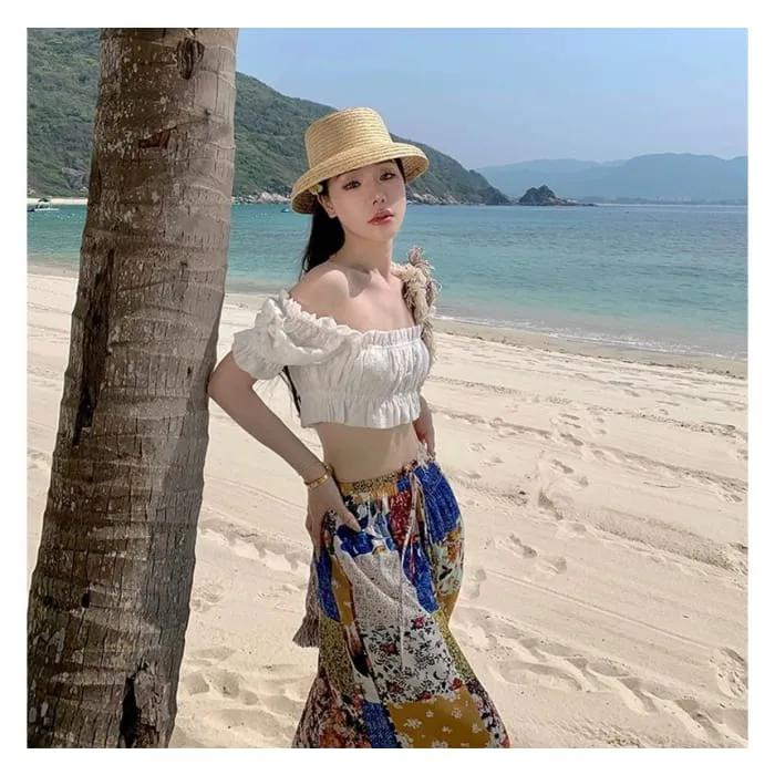 Off-Shoulder Plain Ruffled Smocked Crop Blouse